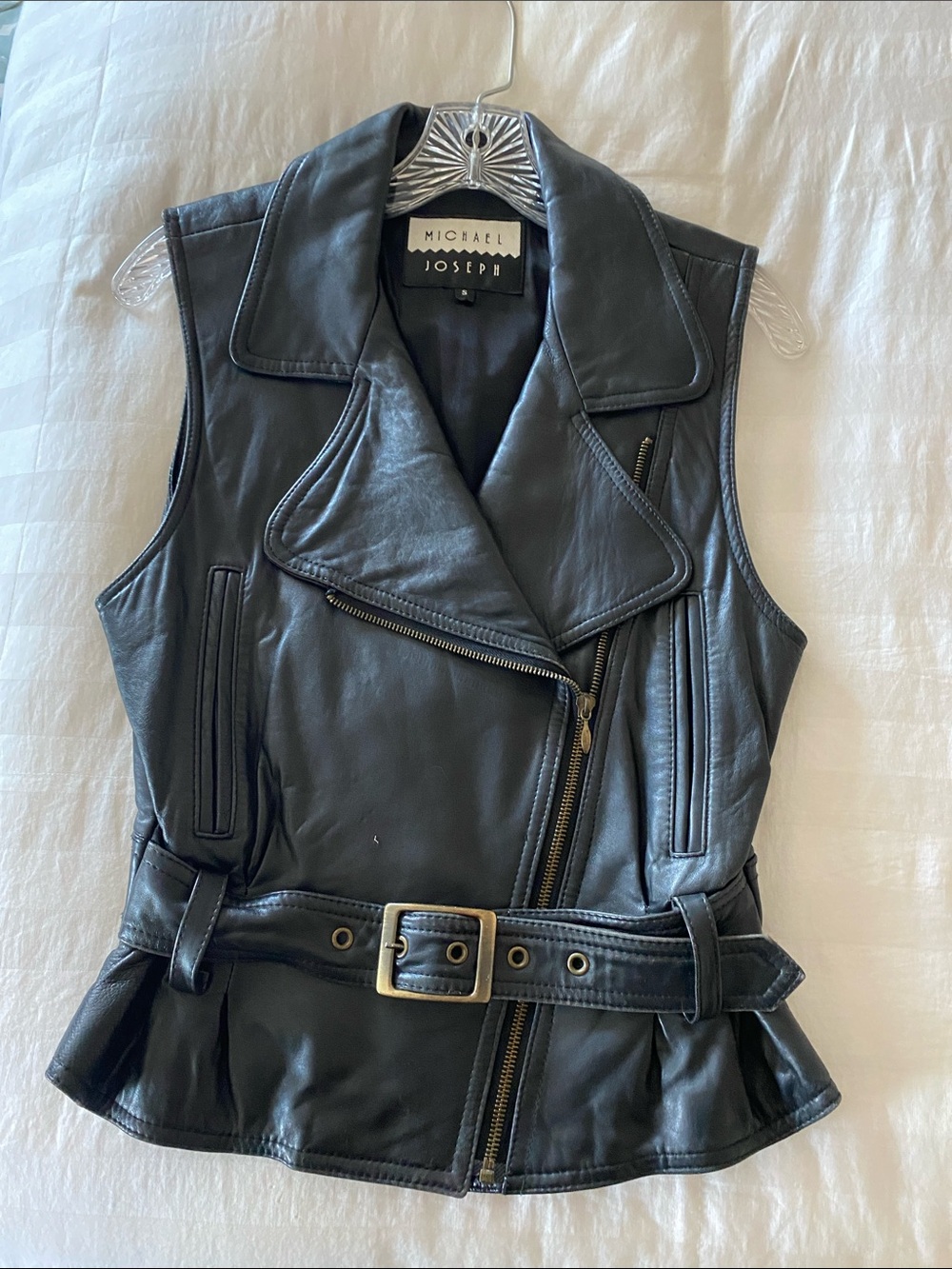 Black Leather Belted Moto Vest